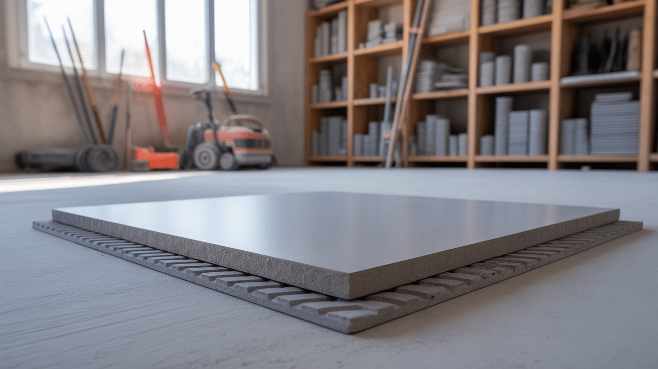 Vue coupe carrelage 2 cm sur colle, outils carreleur